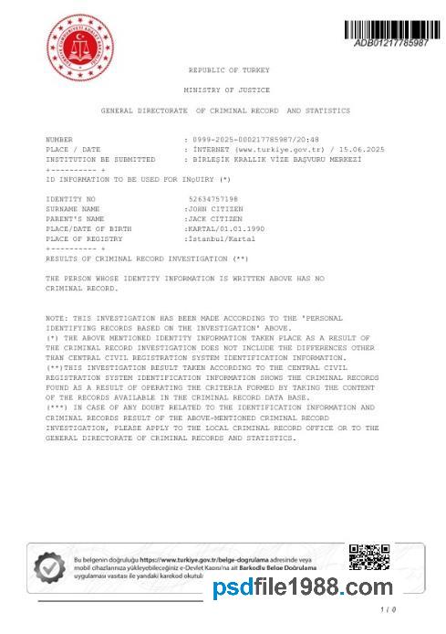 Turkey Ministry of Justice Criminal Record Certificate